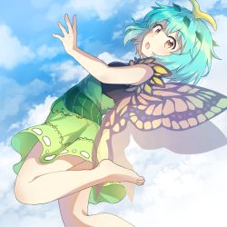 Rule 34 | 1girl, antennae, aqua hair, arched back, bare arms, bare shoulders, barefoot, black shirt, blue sky, butterfly wings, cloud, commentary, day, eternity larva, feet out of frame, from side, green skirt, insect wings, kaoling, leaf, leg up, looking at viewer, miniskirt, open mouth, outdoors, shirt, short hair, skirt, sky, sleeveless, sleeveless shirt, solo, thighs, touhou, wings, yellow eyes