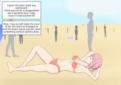 Rule 34 | absurdres, ahoge, armpits, arms behind head, arucaxis, beach, bikini, bodypaint, breasts, cleft of venus, closed eyes, closed mouth, completely nude, english text, exhibitionism, faceless, faceless female, faceless male, from side, highres, leg up, lying, multiple boys, multiple girls, navel, nude, on back, original, outdoors, painted clothes, pink hair, public indecency, pussy, short hair, sideboob, smile, solo focus, swimsuit, uncensored