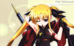 Rule 34 | 10s, 1girl, armpits, cape, fate testarossa, gloves, highres, long hair, lyrical nanoha, mahou shoujo lyrical nanoha, mahou shoujo lyrical nanoha the movie 1st, mouth hold, one eye closed, red eyes, ribbon, seductive smile, smile, solo, thighhighs, twintails, wink