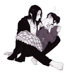 Rule 34 | 1boy, 1girl, barefoot, black hair, blush, book, boots, choker, cross, eren yeager, eye contact, goth fashion, hanpetos, holding, holding book, indian style, jacket, jewelry, long hair, long skirt, looking at another, mikasa ackerman, monochrome, nail polish, necklace, pants, parted bangs, plaid, plaid skirt, pointy ears, punkish gothic, ring, shingeki no kyojin, shirt, short hair, sitting, sitting on lap, sitting on person, skirt, twintails