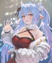 Rule 34 | 1girl, bare shoulders, blue hair, breasts, catura (granblue fantasy), catura (holiday) (granblue fantasy), cleavage, draph, granblue fantasy, highres, horns, jacket, large breasts, long hair, long sleeves, looking at viewer, marulire, orange eyes, pointy ears, solo, twintails, white horns, white jacket