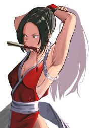 Rule 34 | 1girl, adjusting hair, armpits, arms behind head, breasts, brown hair, cleavage, fatal fury, highres, large breasts, legs, long hair, mouth hold, ponytail, shiranui mai, sideboob, snk, solo, the king of fighters, thighs