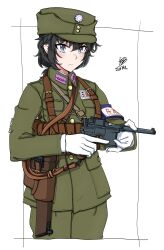 Rule 34 | 1girl, absurdres, ammunition pouch, armband, belt, black hair, blue armband, blue eyes, blush, brown belt, buckle, buttons, chest harness, chest rig, china, chinese commentary, chinese text, closed mouth, collar tabs, collared jacket, collared shirt, commentary request, cowboy shot, emblem, field cap, framed, gloves, green hat, green jacket, green pants, gun, hair between eyes, handgun, harness, hat, hat ornament, highres, holding, holding gun, holding weapon, holster, jacket, kuomintang, long sleeves, looking at object, mauser c96, medium hair, messy hair, military hat, military police, military uniform, mmmn540d88, national revolutionary army, original, outside border, pants, patch, pouch, sam browne belt, shirt, short ponytail, shoulder belt, shoulder stock, signature, solo, trigger discipline, twitter username, uniform, weapon, white gloves, white shirt, world war ii