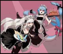 Rule 34 | 2girls, alternate costume, apron, bikini, black bikini, black border, black footwear, black legwear, black ribbon, black skirt, blue hair, blush, boned meat, border, borrowed character, bow, breasts, cleavage, d:, earrings, enmaided, fins, food, glass, gogalking, grey hair, hair between eyes, hair bow, hair ribbon, hand up, highres, holding, holding tray, jewelry, large breasts, long hair, looking at viewer, maid, maid apron, maid bikini, maid headdress, meat, multiple girls, necklace, open mouth, original, parted lips, pink background, red bow, red eyes, ribbon, same-chan (ssangbong-llama), sharp teeth, shoes, skirt, slit pupils, spilling, sweatdrop, swimsuit, tail, tail bow, tail ornament, teeth, thighhighs, tray, twintails, unconventional maid, vampire (gogalking), very long hair, white apron, wide-eyed