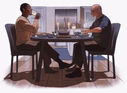 Rule 34 | 2boys, bald, black hair, black pants, blue shirt, breaking bad, brown shirt, candle, candlestand, chair, cup, dark-skinned male, dark skin, dinner, drinking, drinking glass, facial hair, food, fork, glasses, gustavo fring, highres, holding, holding cup, holding fork, holding knife, knife, long sleeves, looking at another, male focus, mike ehrmantraut, multiple boys, on chair, pants, profile, refrigerator, shadow, shirt, short hair, sitting, sleeves rolled up, table, very short hair, white facial hair, wine glass, yaoi, zepp xx