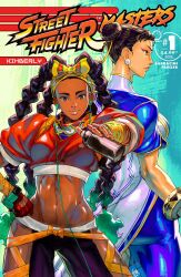 Rule 34 | 2girls, arm wrap, ass, back-to-back, blue leggings, bow hairband, bracelet, breasts, capcom, china dress, chinese clothes, chun-li, colored tips, commentary, cover, cover page, cropped jacket, dark skin, david liu, double bun, dress, earbuds, earphones, earrings, english commentary, fingerless gloves, gloves, hair bun, hairband, height difference, highres, hip vent, jacket, jewelry, kimberly jackson, large breasts, leggings, long hair, looking at viewer, lowleg, lowleg pants, mature female, midriff, multicolored hair, multiple girls, navel, official art, pants, quad braids, red jacket, small breasts, smartwatch, solo focus, spray can, street fighter, street fighter 6, thick thighs, thighs, toned, udon entertainment, very dark skin, watch, white dress, wristwatch, yellow hairband