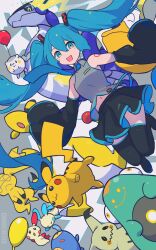 Rule 34 | 1girl, :d, air balloon (pokemon), ampharos, aqua eyes, aqua hair, balloon, bare shoulders, bellibolt, black footwear, black skirt, blush, boots, chinchou, collared shirt, commentary request, creatures (company), crossover, detached sleeves, floating hair, game freak, gen 1 pokemon, gen 2 pokemon, gen 3 pokemon, gen 7 pokemon, grey shirt, hatsune miku, highres, hsin, long hair, mimikyu, minun, miraidon, navel, nintendo, open mouth, pikachu, pleated skirt, plusle, pokemon, pokemon (creature), project voltage, shirt, skirt, smile, thigh boots, togedemaru, twintails, vocaloid