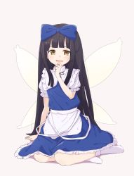 Rule 34 | 1girl, apron, arm support, black hair, blue dress, capelet, dress, fairy wings, grey background, hair ribbon, hand on own chin, highres, kanpa (campagne 9), long hair, looking at viewer, no shoes, open mouth, puffy short sleeves, puffy sleeves, purple background, ribbon, shirt, short sleeves, sidelocks, simple background, sitting, smile, socks, solo, star sapphire, touhou, very long hair, waist apron, white capelet, white shirt, white socks, wings, yellow eyes, yokozuwari