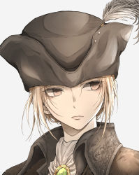 Rule 34 | 1girl, absurdres, ascot, blonde hair, bloodborne, brown eyes, brown hat, brown jacket, closed mouth, grey ascot, grey background, hat, hat feather, highres, jacket, lady maria of the astral clocktower, portrait, shimoda masaya, short hair, simple background, solo