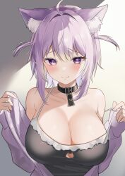Rule 34 | 1girl, animal ears, bare shoulders, black shirt, breasts, cat cutout, cat ears, cleavage, clothing cutout, collar, collarbone, eyelashes, god crop master, highres, hololive, large breasts, nekomata okayu, nekomata okayu (membership), purple eyes, purple hair, shirt, short hair, slit pupils, solo, virtual youtuber