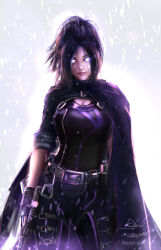 Rule 34 | 1girl, absurdres, apex legends, artist name, black bodysuit, black cape, black gloves, bodysuit, breasts, cape, cleavage, fingerless gloves, gloves, glowing, glowing eyes, head tilt, highres, looking at viewer, medium breasts, parted bangs, rabbit pewfull, signature, smile, snowing, solid eyes, solo, trigger discipline, wraith (apex legends)