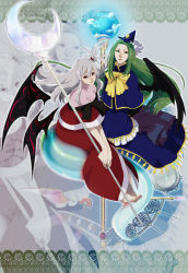 Rule 34 | 2girls, barefoot, bow, capelet, crescent, dress, female focus, ghost, ghost tail, green eyes, green hair, grey hair, hair bobbles, hair ornament, hat, long hair, mima (touhou), multiple girls, mystic square, narumi yuka, pointy ears, red eyes, shinki (touhou), side ponytail, sitting, staff, touhou, touhou (pc-98), very long hair, wings, wizard hat
