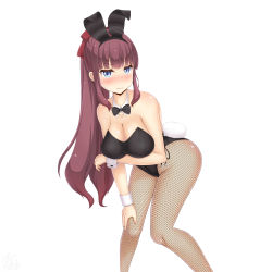 Rule 34 | 1girl, absurdres, animal ears, blue eyes, blunt bangs, blush, bow, bowtie, breasts, cleavage, detached collar, embarrassed, fake animal ears, feet out of frame, fishnet pantyhose, fishnets, highres, knees together feet apart, large breasts, leaning forward, legs together, leotard, long hair, looking at viewer, mole, mole on breast, new game!, nose blush, pantyhose, playboy bunny, ponytail, purple hair, rabbit ears, rabbit girl, rabbit tail, sainohikari, sidelocks, simple background, solo, standing, tail, takimoto hifumi, very long hair, white background, wrist cuffs