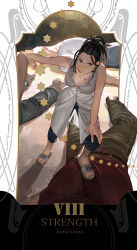 Rule 34 | 1girl, 3boys, black hair, breast tattoo, breasts, character name, cleavage, collarbone, defeat, dreadlocks, emmmerald, fullmetal alchemist, hand on own knee, highres, izumi curtis, jewelry, looking at viewer, multiple boys, outside border, ring, sandals, smile, solo focus, standing, star (symbol), stepped on, strength (tarot), tarot, tarot (medium), tattoo, toes, unbuttoned, wedding ring