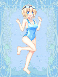Rule 34 | 1girl, :d, bare arms, bare legs, bare shoulders, barefoot, blonde hair, blue eyes, blue one-piece swimsuit, blush, breasts, casual one-piece swimsuit, cleavage, copyright request, covered navel, full body, goggles, goggles on head, hair between eyes, hands up, highres, looking at viewer, medium breasts, official art, one-piece swimsuit, open mouth, shikito (yawa0w0), short hair, smile, solo, standing, standing on one leg, swimsuit, water drop