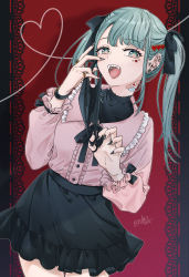 Rule 34 | 1girl, absurdres, artist name, bandaid, bandaid on neck, black nails, black ribbon, black shirt, blue hair, center frills, cowboy shot, ear piercing, fangs, frills, green eyes, hair ornament, hatsune miku, highres, jewelry, long hair, long sleeves, looking at viewer, mask, mask pull, miniskirt, mouth mask, multiple rings, nail polish, neck ribbon, open mouth, piercing, pink shirt, plug (piercing), ribbon, ring, ryusei (ryusei b), sharp teeth, shirt, shirt tucked in, skirt, solo, teeth, tongue, turtleneck, twintails, vampire (vocaloid), vocaloid, watch, wristwatch
