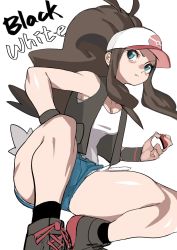 Rule 34 | 1girl, bare legs, bare shoulders, blue eyes, breasts, brown hair, closed mouth, creatures (company), denim, denim shorts, game freak, high ponytail, highres, hilda (pokemon), holding, holding poke ball, long hair, looking to the side, nintendo, poke ball, pokemon, pokemon bw, ponytail, shaded face, shiny skin, short shorts, shorts, simple background, solo, title, unizama, unzipped, very long hair, white background