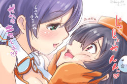 Rule 34 | 10s, 2girls, black hair, blush, cheek squash, cleavage cutout, clothing cutout, eye contact, gloves, green eyes, hands on another&#039;s cheeks, hands on another&#039;s face, hat, looking at another, love live!, love live! school idol festival, love live! school idol project, multiple girls, muneshiro (hitsuji kikaku), open mouth, purple hair, red eyes, tojo nozomi, twitter username, wavy mouth, yazawa nico, yuri