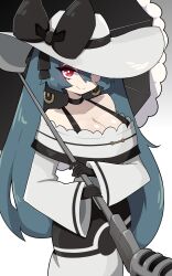 Rule 34 | 1girl, absurdres, black bow, black collar, black eyeshadow, black gloves, black umbrella, blue hair, bow, breasts, bright pupils, cleavage, collar, creatures (company), daigada, dark blue hair, dark miku (project voltage), dress, earrings, eyeshadow, game freak, gloves, hat, hat bow, hat over one eye, hatsune miku, highres, holding, holding umbrella, jewelry, large breasts, looking at viewer, makeup, microphone, nintendo, off-shoulder dress, off shoulder, pokemon, project voltage, red eyes, simple background, smile, solo, twintails, umbrella, vocaloid, white background, white dress, white hat, white pupils, wide sleeves