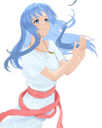 Rule 34 | 1girl, ancient ys vanished, blue eyes, blue hair, commentary request, curtained hair, dress, eyelashes, feena (ys), gold necklace, jewelry, kureko nk, long hair, necklace, parted lips, red sash, sash, simple background, solo, white background, white dress, ys