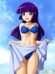 Rule 34 | 10s, 1girl, aoki reika, bad id, bad pixiv id, bikini, blue eyes, blue hair, breasts, cameltoe, cleavage, cleft of venus, clothes lift, covered erect nipples, long hair, navel, onoe, open mouth, precure, purple hair, sarong, sarong lift, shiny skin, smile precure!, swimsuit, water
