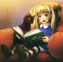Rule 34 | 1girl, :d, alice (odin sphere), black cat, blonde hair, blue eyes, book, bow, cat, chair, hair bow, odin sphere, open book, open mouth, pantyhose, reading, ribbon, simosi, sitting, smile, socrates (odin sphere), solo, striped clothes, striped pantyhose, twintails