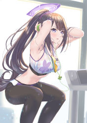 Rule 34 | 1girl, absurdres, armpits, arms behind head, black hair, blue archive, blush, breasts, exercising, eyewear hang, from side, highres, large breasts, long hair, navel, ponytail, purple eyes, solo, sports bra, sports sunglasses, squatting, sumire (blue archive), sunglasses, sweat, thighs, umirororo, unworn eyewear, very long hair, wristband