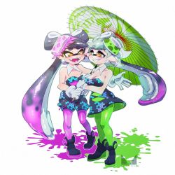 Rule 34 | + +, 2girls, ankle boots, black dress, black footwear, black hair, black jumpsuit, boots, breasts, brown eyes, callie (splatoon), chichi band, cleavage, commentary request, cousins, detached collar, dress, earrings, fangs, food, food on head, gloves, gradient hair, green legwear, green umbrella, grey hair, grin, inkling, jewelry, jumpsuit, long hair, looking at another, marie (splatoon), medium breasts, mole, mole under eye, multicolored hair, multiple girls, nintendo, object on head, oil-paper umbrella, open mouth, paint splatter, print dress, print jumpsuit, purple hair, purple legwear, shared umbrella, sharp teeth, short dress, short hair, short jumpsuit, simple background, small breasts, smile, splatoon (series), splatoon 1, standing, strapless, strapless dress, sushi, teeth, tentacle hair, umbrella, watermark, white background, white gloves, yuri