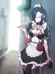 Rule 34 | 1girl, absurdres, alley, apron, azur lane, black hair, black thighhighs, breasts, cat hair ornament, cigarette, cross, hair ornament, hair over one eye, hairclip, hand up, highres, holding, holding cigarette, horns, iron cross, large breasts, maid, maid apron, maid headdress, o-ring, o-ring top, official alternate costume, outdoors, parted lips, red horns, red nails, short hair, short sleeves, siratori (yy 203), smoking, solo, thighhighs, ulrich von hutten (azur lane), ulrich von hutten (mayhem maid) (azur lane), waist apron, x hair ornament, yellow eyes