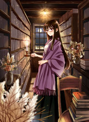 Rule 34 | 1girl, black-framed eyewear, black skirt, blush, book, book stack, bookshelf, bookstore, breasts, brown hair, candle, chair, closed mouth, clothing request, commentary request, fire, flower, full moon, glasses, happy, himawari-san, himawari-san (character), holding, holding candle, indoors, lamp, long hair, long skirt, long sleeves, looking at viewer, medium breasts, moon, night, open clothes, plant, purple eyes, shirt, shop, signature, skirt, smile, solo, standing, star (sky), sugano manami, vase, white shirt, wide sleeves, window, wooden floor, wooden wall