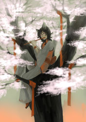 Rule 34 | 1boy, animal ears, black hair, cherry blossoms, flute, highres, in tree, instrument, kyouichi, leaning back, male focus, original, purple eyes, ribbon, short hair, sitting, sitting in tree, solo, tree, traditional youkai