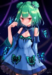 Rule 34 | absurdres, bug, butterfly, cowboy shot, detached sleeves, double bun, dress, frilled dress, frills, gradient hair, green hair, hair bun, hair ornament, hair ribbon, highres, hololive, insect, multicolored hair, red eyes, ribbon, signature, sinobi illust, skull hair ornament, solo, uruha rushia, uruha rushia (1st costume), virtual youtuber