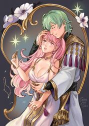 Rule 34 | 1boy, 1girl, absurdres, alternate costume, artist name, breasts, byleth (fire emblem), byleth (male) (fire emblem), cleavage, dress, earrings, enlightened byleth (male), fire emblem, fire emblem: three houses, green hair, highres, hilda valentine goneril, hoop earrings, hug, hug from behind, jewelry, large breasts, light blush, lipstick, long hair, looking at another, makeup, matching hair/eyes, nintendo, official alternate costume, parted lips, pink eyes, pink hair, ring, smile, tamafry, twintails, white dress