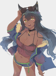 Rule 34 | 1girl, absurdres, animal ears, arm at side, arm up, bad id, bad pixiv id, bare shoulders, bikini, bikini under clothes, black-framed eyewear, black bikini, black choker, black hair, blue jacket, blue shorts, breasts, cat ears, choker, cleavage, collarbone, commentary, cowboy shot, crop top, dolphin shorts, eyewear on head, from above, fur-trimmed jacket, fur trim, grain, grey background, head tilt, highres, jacket, large breasts, legs apart, long hair, long sleeves, looking at viewer, looking up, micro shorts, navel, off shoulder, open clothes, open jacket, original, shorts, simple background, solo, stomach, sunglasses, swimsuit, yellow eyes