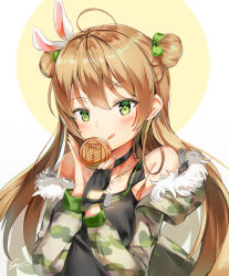Rule 34 | 1girl, :q, ahoge, animal ears, bare shoulders, black dress, black gloves, blush, bow, breasts, brown hair, camouflage, camouflage coat, character name, choker, coat, collarbone, dated, dog tags, double bun, dress, fingerless gloves, fur-trimmed coat, fur trim, ginn (hzh770121), girls&#039; frontline, gloves, green eyes, hair between eyes, hair bow, hair bun, highres, holding, long hair, looking at viewer, medium breasts, open clothes, open coat, rabbit ears, rfb (girls&#039; frontline), sidelocks, signature, single fingerless glove, smile, solo, tongue, tongue out