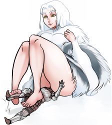 Rule 34 | 1girl, armor, barefoot, dark souls (series), dark souls i, feet, highres, priscilla the crossbreed, scathegrapes, sitting, sitting on face, sitting on person, size difference, thick thighs, thighs, white hair, yellow eyes