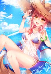 Rule 34 | 1girl, \m/, absurdres, animal ears, bad id, bad pixiv id, bikini, blue bikini, breasts, cleavage, collarbone, day, ears through headwear, fate/grand order, fate (series), fox ears, fox shadow puppet, fox tail, hat, highres, innertube, large breasts, ocean, outdoors, pink hair, rit, see-through, shirt, side-tie bikini bottom, solo, straw hat, swim ring, swimsuit, tail, tamamo (fate), tamamo no mae (fate/extra), tamamo no mae (swimsuit lancer) (fate), tamamo no mae (swimsuit lancer) (second ascension) (fate), wet, wet clothes, wet shirt, yellow eyes