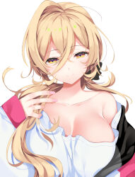 Rule 34 | 1girl, ariko youichi, bare shoulders, blonde hair, blush, breasts, cleavage, closed mouth, collarbone, hair between eyes, large breasts, long hair, looking at viewer, nijisanji, nui sociere, nui sociere (2nd costume), shirt, solo, upper body, very long hair, virtual youtuber, white background, white shirt, yellow eyes