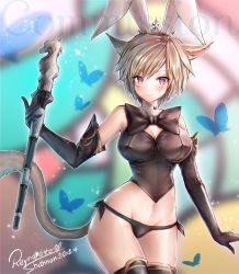 Rule 34 | 1girl, animal ears, warrior of light (ff14), black panties, blonde hair, blurry, blurry background, blush, bow, breasts, bug, butterfly, cat ears, cat tail, commission, cowboy shot, dated, elbow gloves, extra ears, facial mark, fake animal ears, final fantasy, final fantasy xiv, gloves, highres, holding, holding staff, insect, large breasts, leotard, looking at viewer, midriff, mii@chiffonx, miqo&#039;te, navel, panties, playboy bunny, rabbit ears, red eyes, signature, smile, solo, staff, tail, thighhighs, underwear