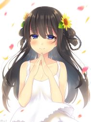 Rule 34 | 1girl, bad id, bad twitter id, black hair, blue eyes, blush, breasts, cleavage, closed mouth, collarbone, commentary request, dress, fingers together, hair between eyes, half-closed eyes, highres, looking at viewer, medium breasts, navy (navy.blue), original, own hands together, petals, smile, solo, sundress, upper body, white background, white dress
