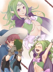 Rule 34 | 1boy, 1girl, armpits, bow, breasts, cape, circlet, cleavage, closed eyes, fire emblem, fire emblem awakening, gloves, green hair, hat, imagining, jewelry, large breasts, long hair, looking at viewer, mamoru (pixiv), nintendo, nowi (fire emblem), aged up, open mouth, pendant, pointy ears, ponytail, purple eyes, ricken (fire emblem), smile, sweatdrop, witch hat