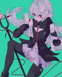 Rule 34 | 1girl, absurdres, arknights, armband, blood, blood bag, blood on hands, braid, cleavage cutout, clothing cutout, colored skin, commentary, crown braid, detached sleeves, fang, feet out of frame, green background, highres, intravenous drip, iv stand, kogoe (alphabetgir1s), long hair, pantyhose, pointy ears, pouch, red eyes, simple background, solo, thigh pouch, tongue, tongue out, warfarin (arknights), white hair, white skin
