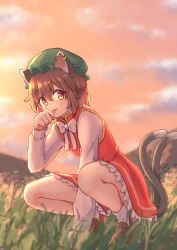 Rule 34 | 1girl, :p, animal ears, blurry, blush, bow, bowtie, brown eyes, brown hair, cat ears, cat tail, chen, cloud, cloudy sky, commentary request, depth of field, dress, earrings, flat chest, forneus 0, full body, gold trim, grass, green hat, hair between eyes, hand up, hat, highres, jewelry, licking, long sleeves, looking at viewer, mob cap, multiple tails, nekomata, outdoors, paw pose, petticoat, red dress, short hair, single earring, sky, solo, squatting, tail, tongue, tongue out, touhou, twilight, two tails, white bow, white bowtie