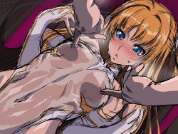 Rule 34 | 1boy, 1girl, aoi nagisa (metalder), bare legs, bare shoulders, blonde hair, blue eyes, blush, breasts, curvy, dark-skinned female, dark skin, embarrassed, fingerless gloves, futaba lili ramses, gloves, grabbing, grabbing another&#039;s breast, hair ribbon, heavy breathing, hetero, highleg, highleg leotard, leotard, long hair, magical girl, moaning, nipples, open mouth, revealing clothes, ribbon, see-through, see-through leotard, shiny skin, simple background, sketch, small breasts, steaming body, sweat, taimanin (series), taimanin rpgx, tentacle and witches, thong leotard, twintails