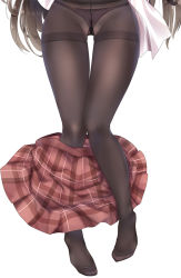 Rule 34 | 1girl, black pantyhose, cameltoe, clothes pull, copyright request, groin, long hair, open clothes, open shirt, panties, panties under pantyhose, pantyhose, plaid, plaid skirt, pleated skirt, rikatan, see-through, shirt, skirt, skirt around one leg, skirt pull, solo, thighband pantyhose, underwear, white background, white shirt