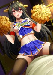 Rule 34 | 10s, 1girl, bed, black hair, black thighhighs, blue panties, blush, breast cutout, breasts, character name, cheerleader, commentary request, cowgirl position, crop top, haruna (kancolle), headgear, jewelry, kantai collection, large breasts, long hair, midriff, navel, necklace, on bed, panties, pantyshot, pendant, pleated skirt, pom pom (cheerleading), red eyes, shibata rai, sideboob, sitting, skirt, skirt set, solo, straddling, thighhighs, thighs, underboob, underwear, very long hair
