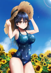 Rule 34 | 1girl, absurdres, blue one-piece swimsuit, blue sky, blush, breasts, closed mouth, cloud, covered navel, day, flower, gradient sky, hair between eyes, hat, highres, kantai collection, large breasts, long hair, looking at viewer, nakura haru, one-piece swimsuit, polka dot, polka dot swimsuit, rural, school swimsuit, sky, solo, straw hat, summer, sun, sunflower, sunlight, swimsuit, ushio (kancolle), ushio kai ni (kancolle)