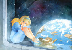 Rule 34 | 1girl, blonde hair, blue eyes, blue shirt, commission, earth (planet), finik, flats, hairband, highres, hugging own legs, maria robotnik, planet, reflection, shirt, shooting star, signature, sitting, smile, solo, sonic (series), sonic adventure 2, space, space colony ark, star (sky)