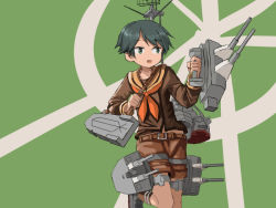 Rule 34 | 1girl, adapted turret, black hair, brown serafuku, brown shorts, brown socks, cannon, commentary, english commentary, green background, green eyes, kantai collection, kneehighs, long sleeves, looking to the side, machinery, mogami (kancolle), mogami kai ni (kancolle), one-hour drawing challenge, orange sailor collar, sailor collar, school uniform, serafuku, short hair, shorts, sixten, socks, solo, standing, standing on one leg, swept bangs, turret, two-tone background