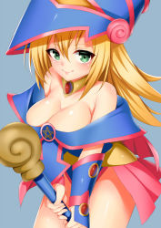 Rule 34 | 1girl, blonde hair, blush, breasts, cleavage, closed mouth, dark magician girl, dress, elbow gloves, female focus, gloves, green eyes, hair between eyes, hat, long hair, looking at viewer, magical girl, pentacle, shiny skin, toshishikisai, yu-gi-oh!